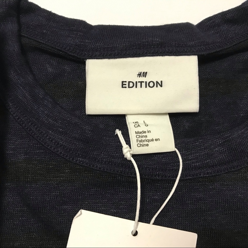 H & M Edition T-Shirt Mens L Black Blue Striped - Picture 2 of 5